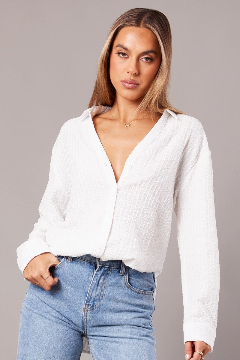 White Relaxed Shirt Long Sleeve Textured