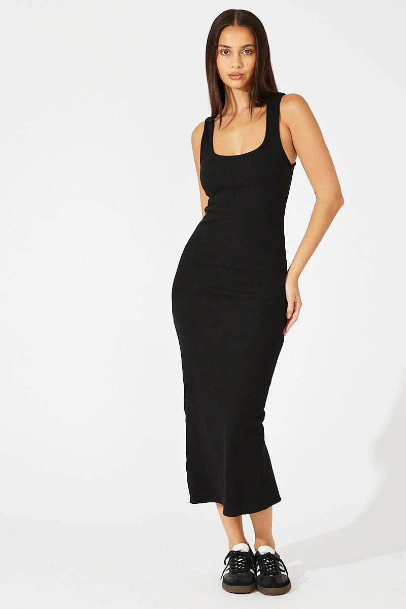 Black Midi Dress Sleeveless Bodycon Rib