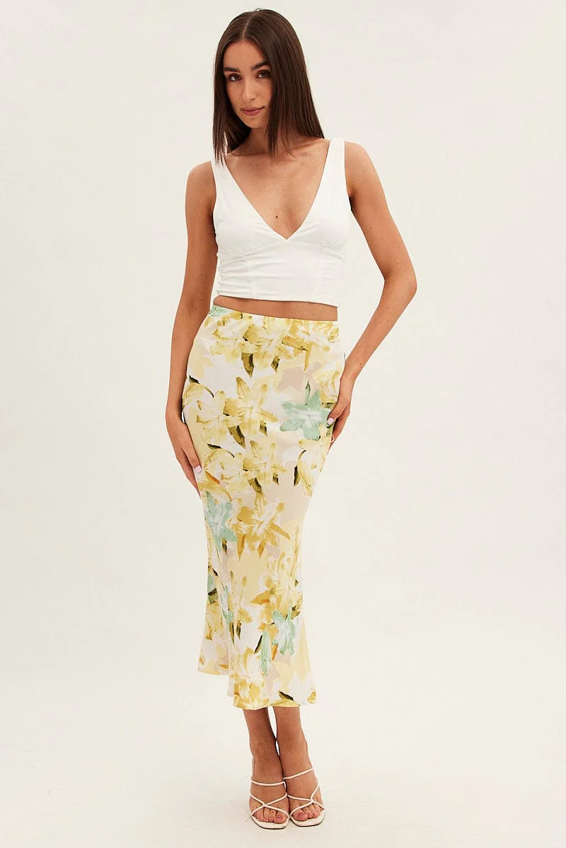 Yellow Floral Midi Skirt Slip Floral Print