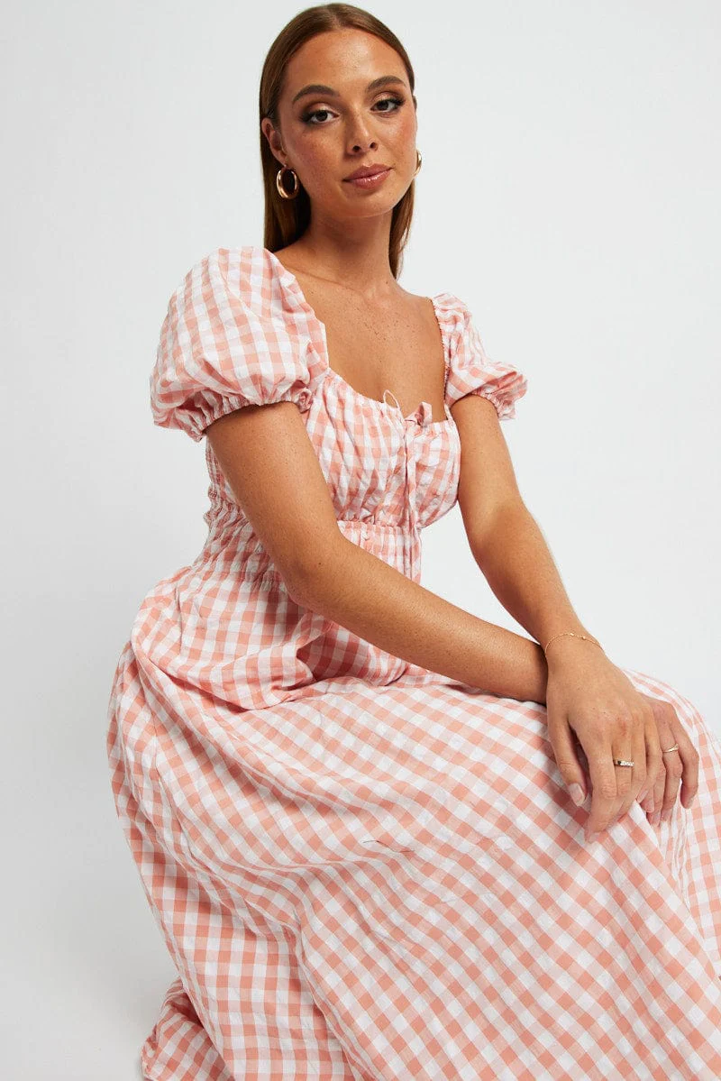Pink Check Midi Dress Short Sleeve Ruched Bust