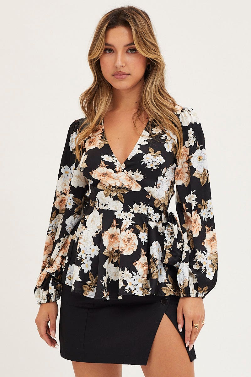 Print Wrap Top Long Sleeve Satin