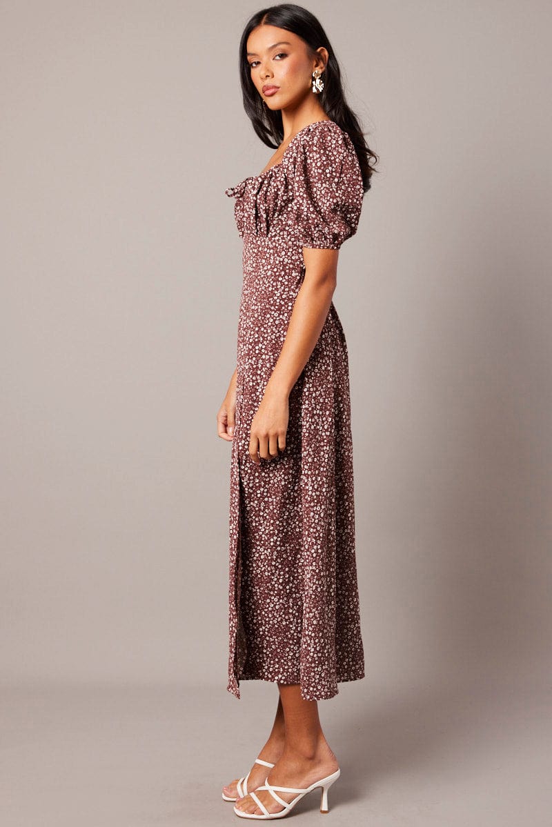 Brown Ditsy Midi Dress Puff Sleeve Midi