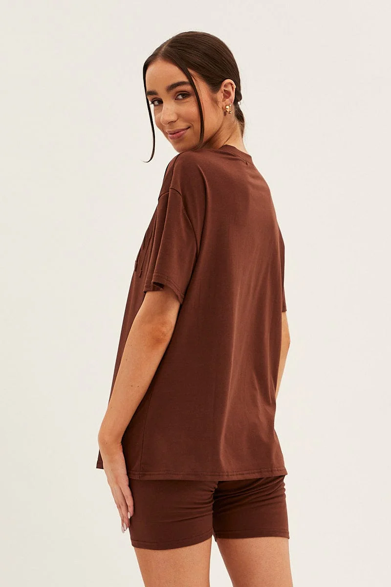 Brown Textured Tee And Biker Shorts Set