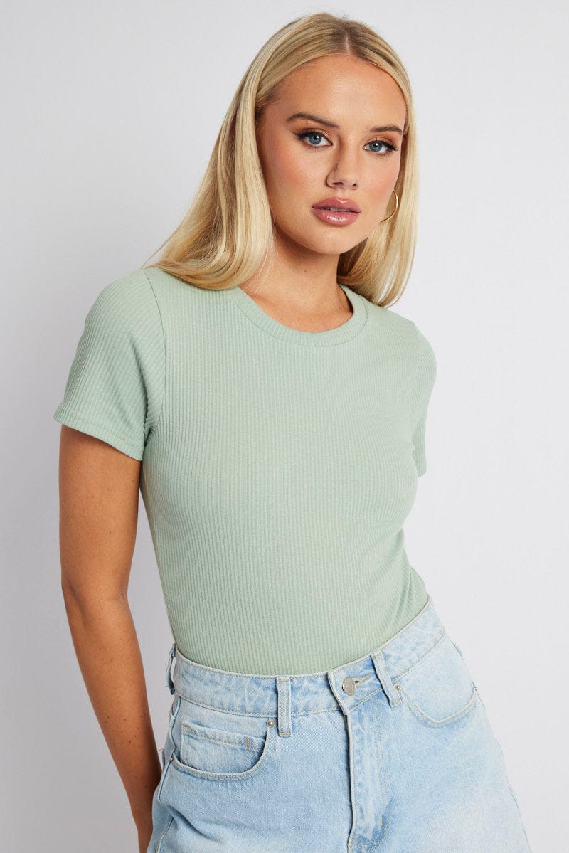 Green Bodysuit Short Sleeve Crew Neck Rib Jersey