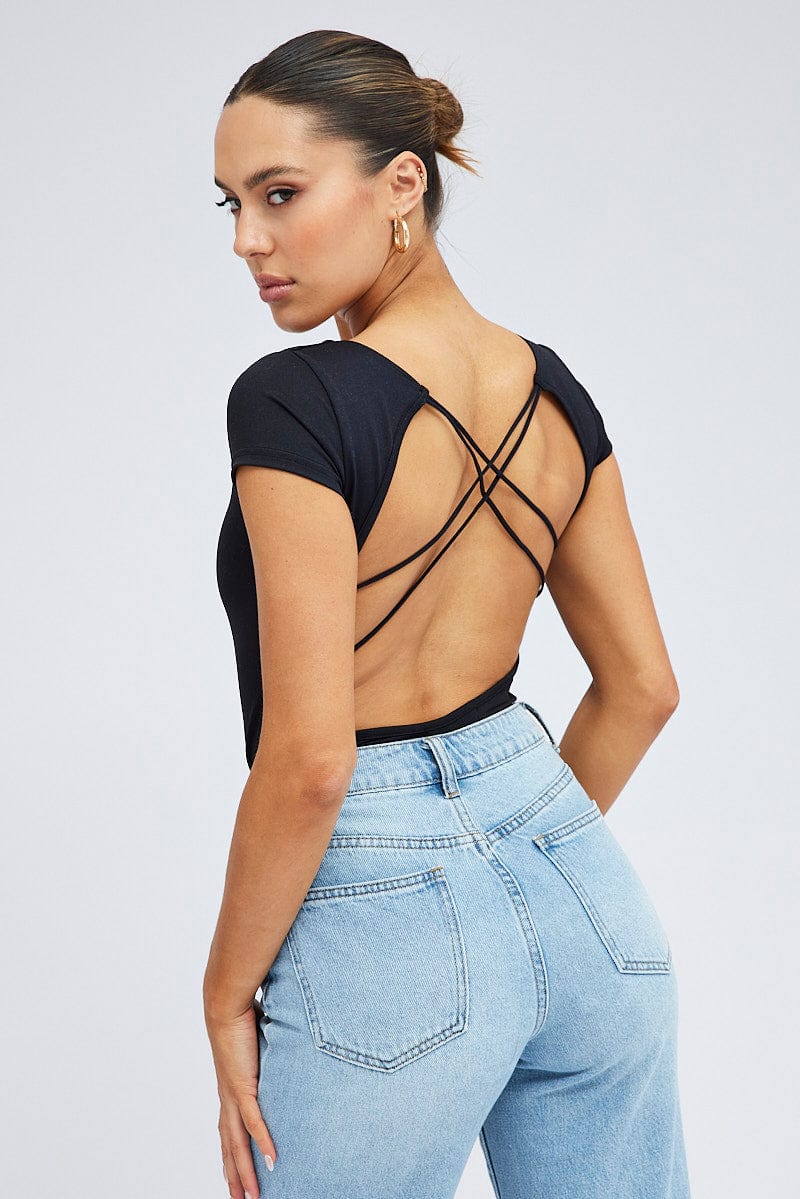 Black Open Back Bodysuit Strappy Short Sleeve