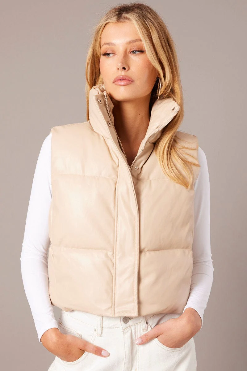 Camel Puffer Zip Sleeveless Faux Leather