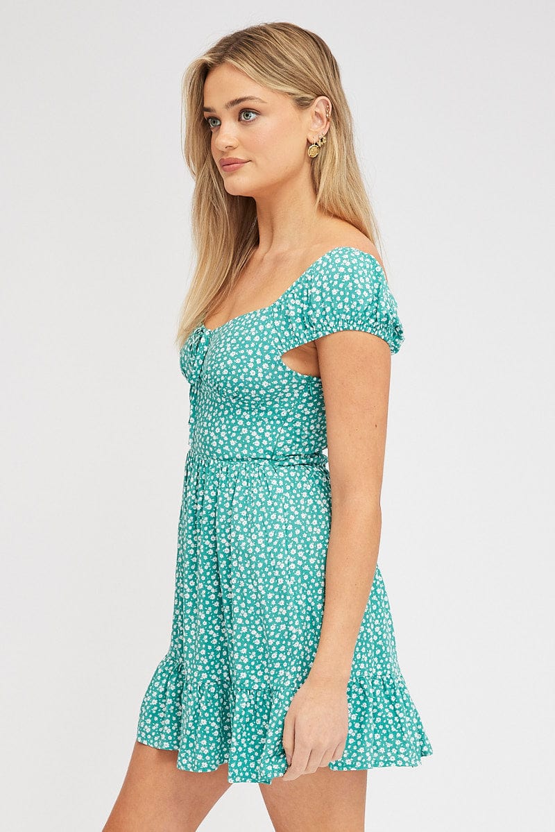 Green Ditsy Fit And Flare Dress Mini