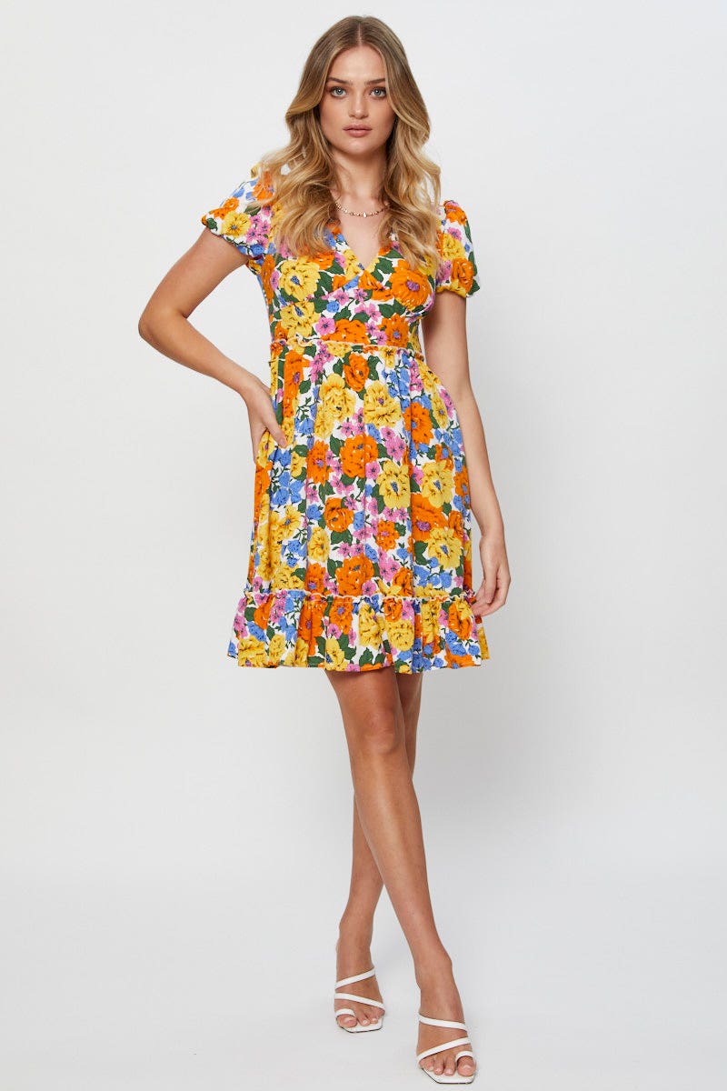 Print Fit And Flare Dress Short Sleeve V Neck