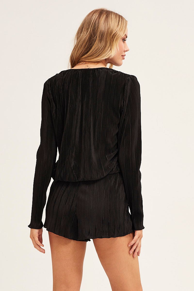 Black Plisse Top Tie Front Long Sleeve
