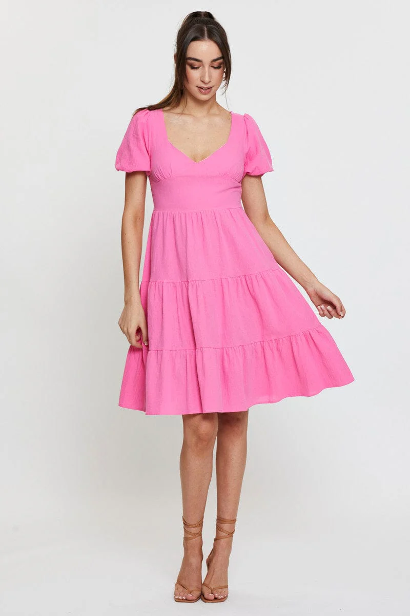 Pink Midi Dress Short Sleeve V Neck