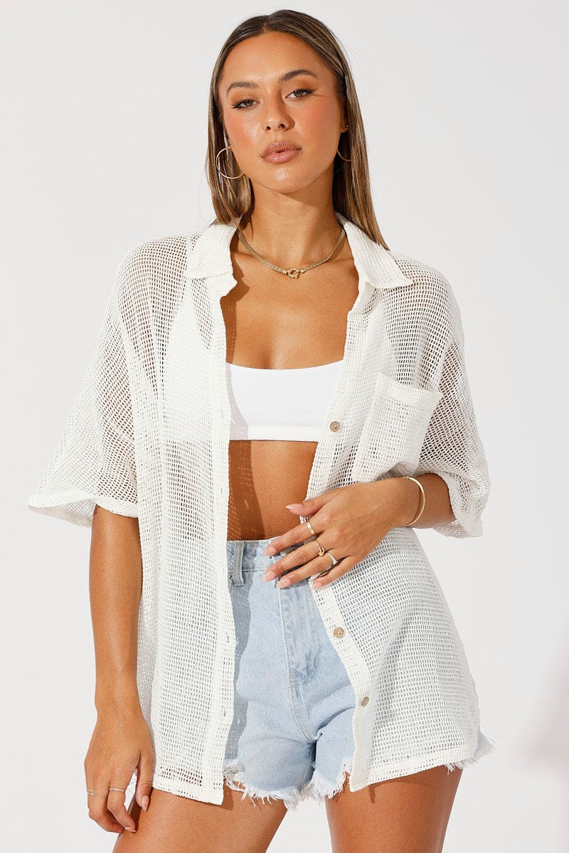 White Shirt Short Sleeve Collared Neck