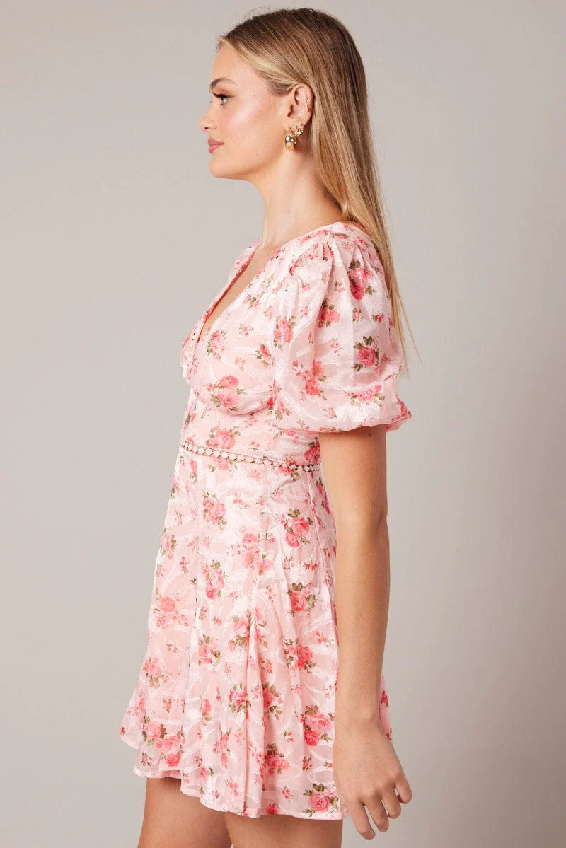 Pink Floral Fit And Flare Dress Puff Sleeve Mini