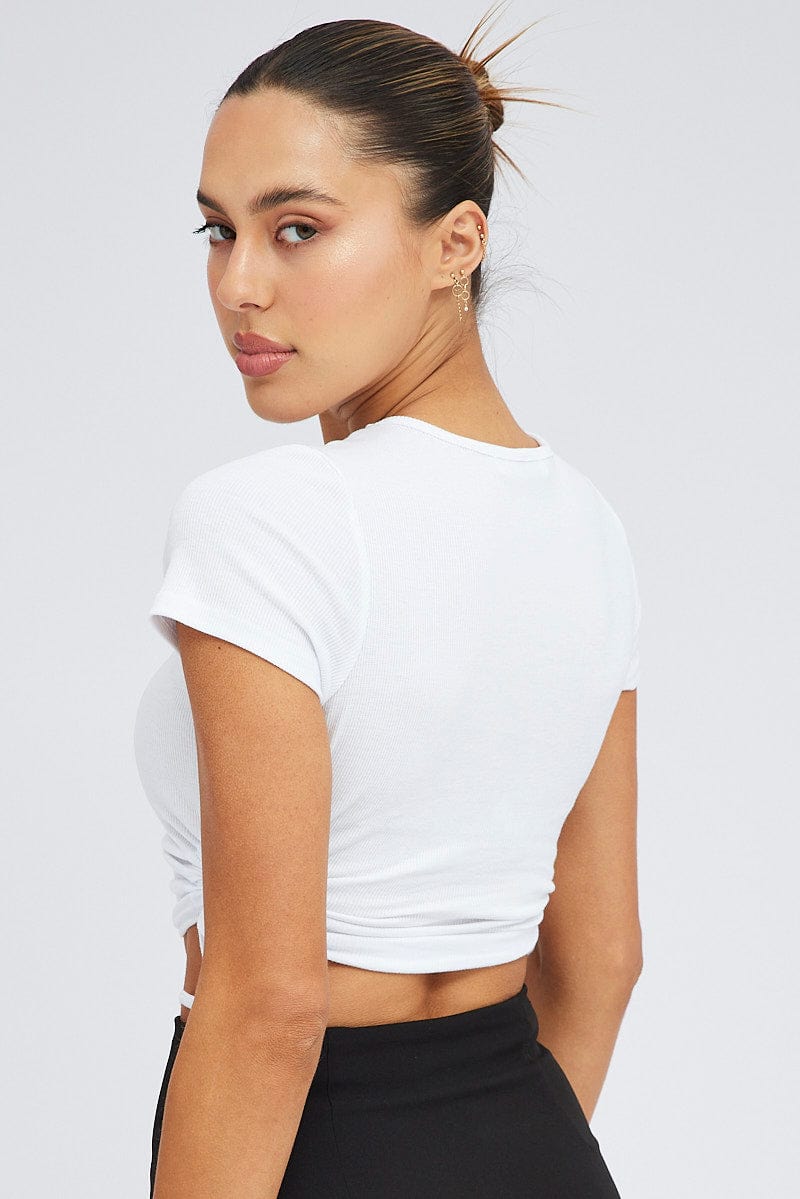White Side Ruching Top Short Sleeve Crop