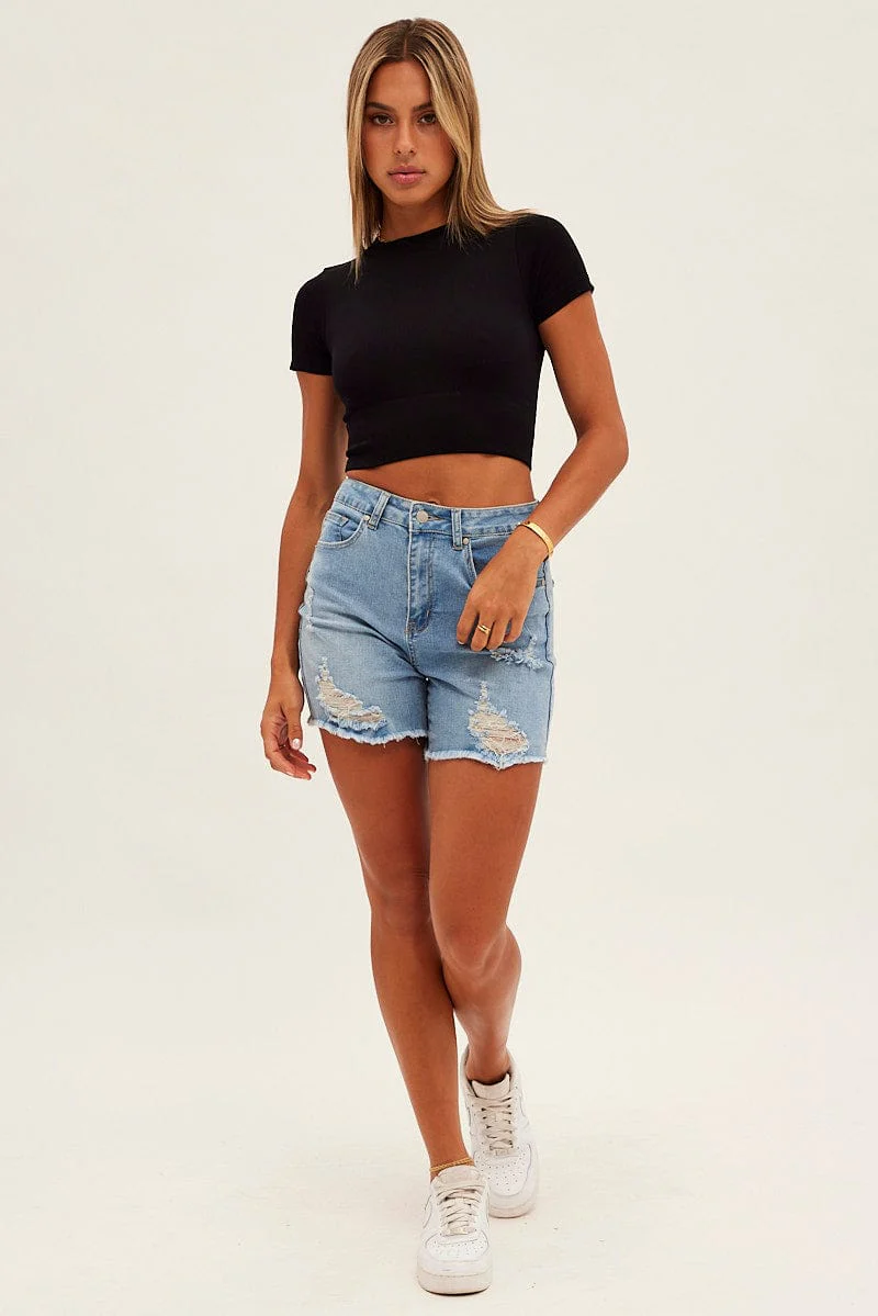 Blue Skinny Denim Shorts High Rise