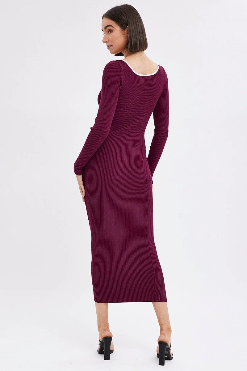 Purple Midi Dress Long Sleeve Sweetheart Contrast Bind