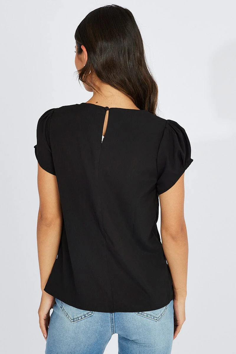 Black Top Cap Sleeve Pleat Detail Workwear