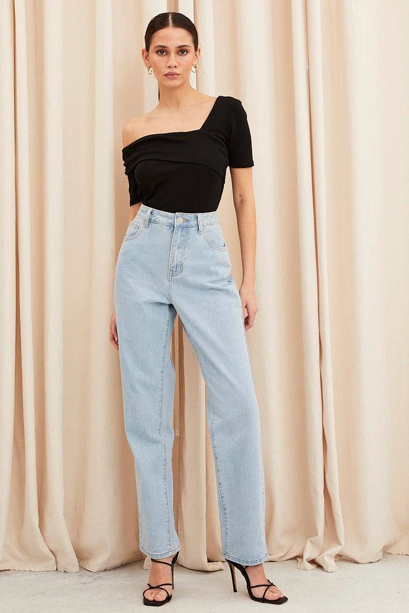 Black Top Short Sleeve Asymmetric Neckline Cotton Jersey