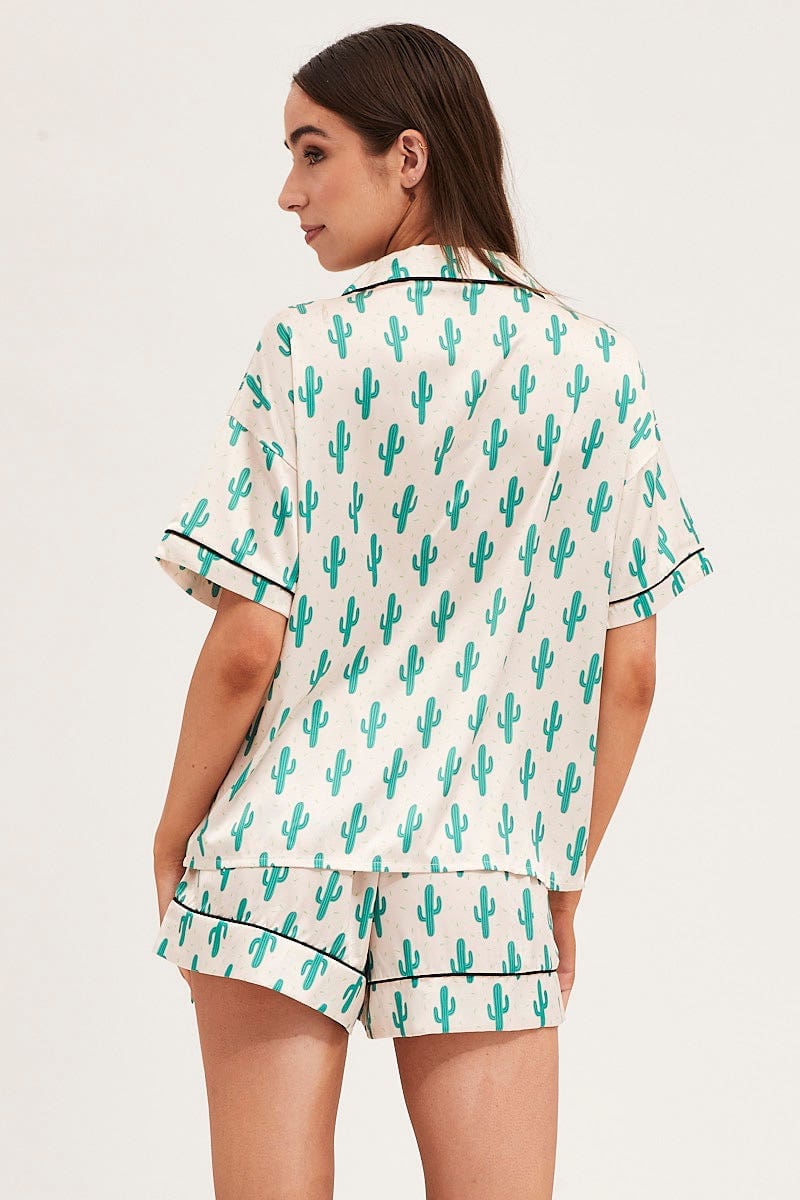 Print Short Sleeve Top & Shorts Satin Pj Set