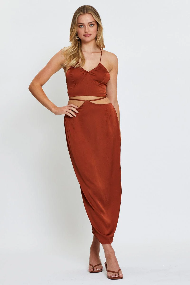 Brown Cami Top Halter Satin