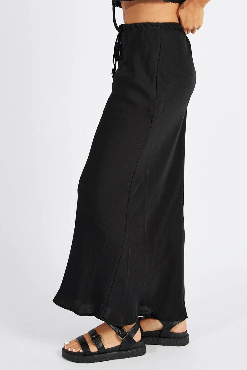 Black Drawstring Satin Maxi Skirt