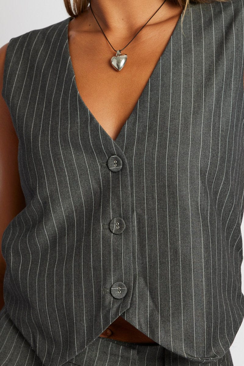 Grey Stripe Waistcoat Sleeveless V Neck Button Up