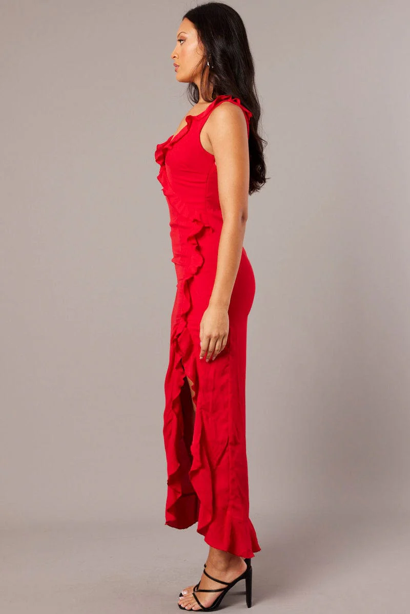Red Ruffle Dress Wrap Midi Chiffon