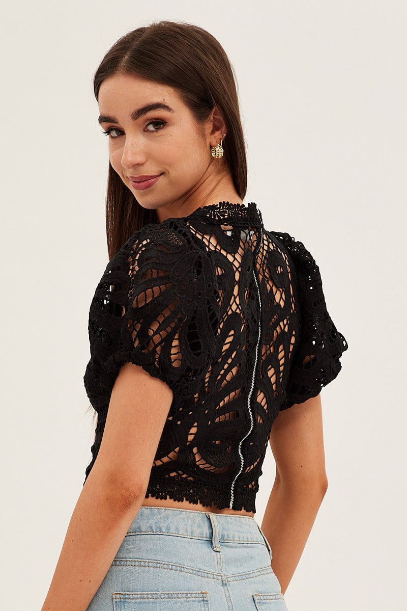 Black Lace Top Short Sleeve V Neck Crop