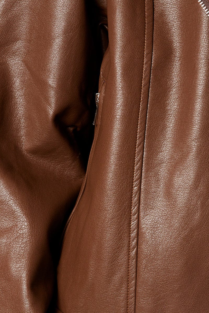 Brown Jacket Long Sleeve Collared Faux Leather