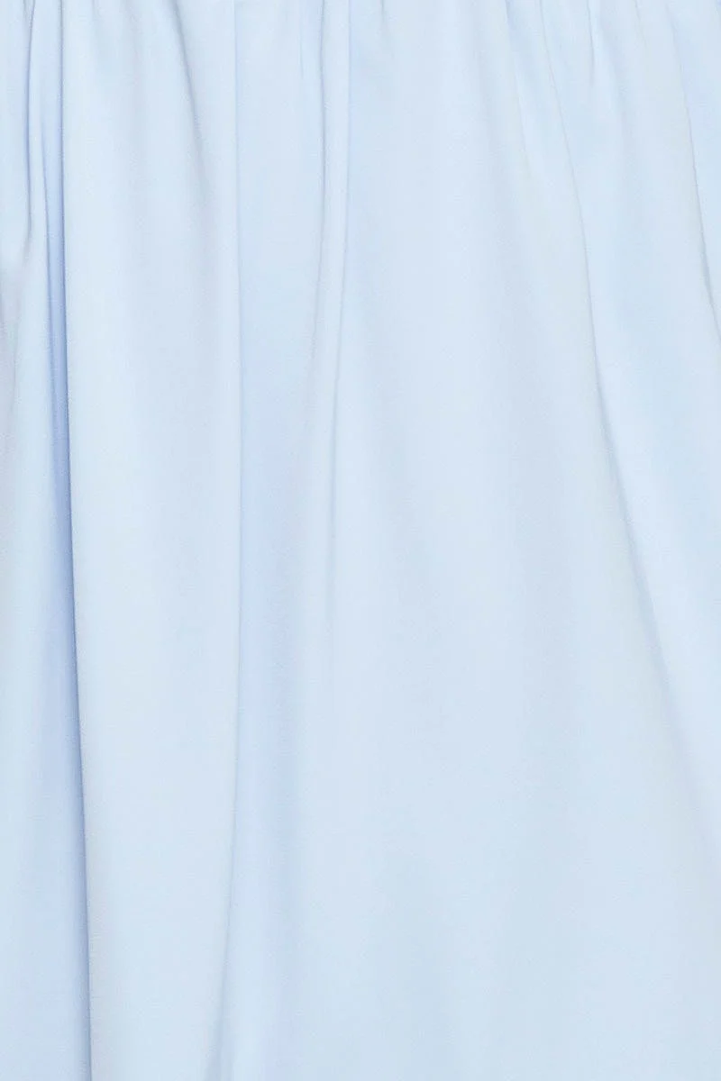 Blue Fit And Flare Dress Short Sleeve Square Neck