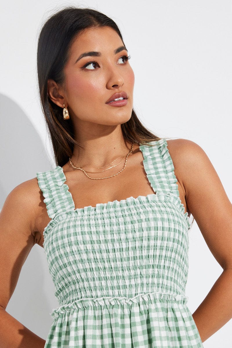 Green Check Maxi Dress Shirred Bust Tiered