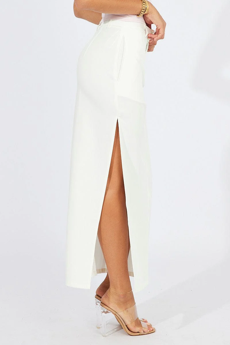 White Mid Skirt Side Split High Rise