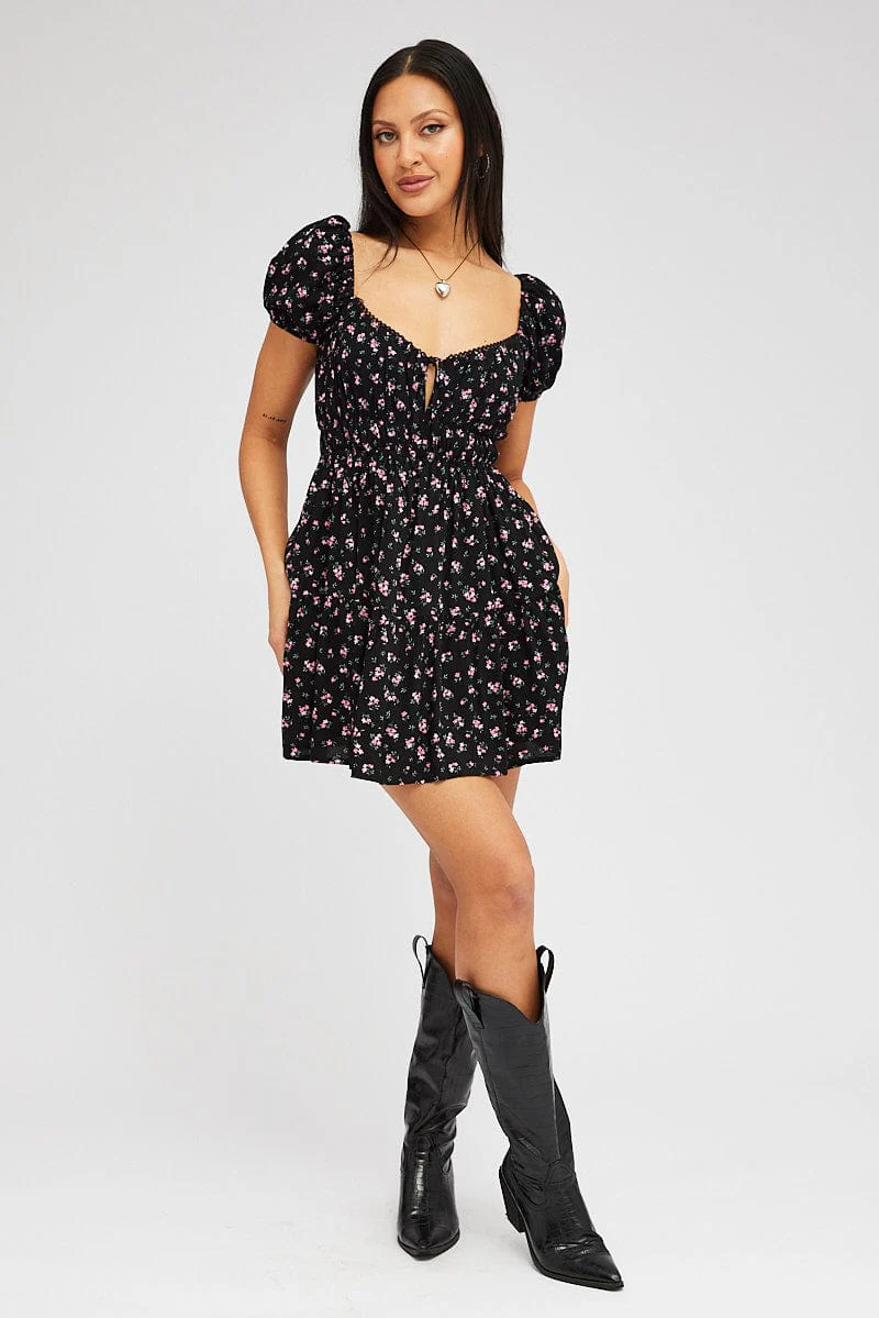 Black Floral Fit And Flare Dress Puff Sleeve Mini
