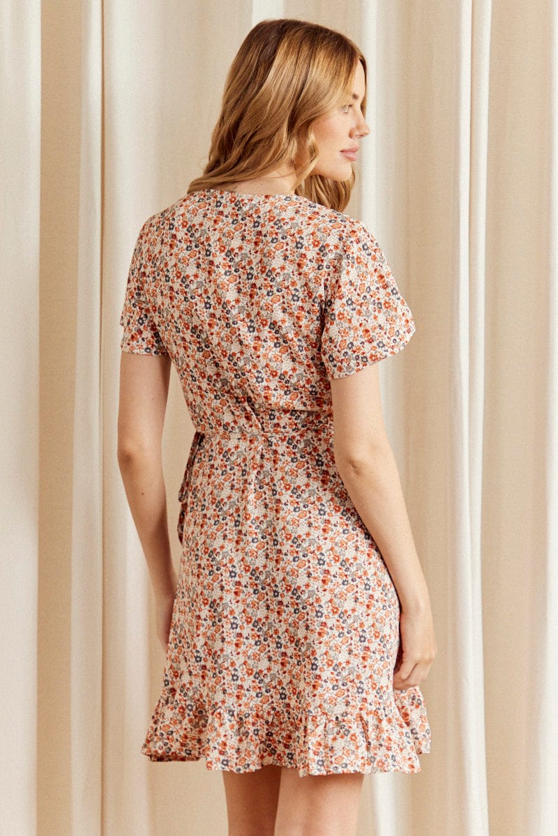 Print Mini Dress Short Sleeve V Neck