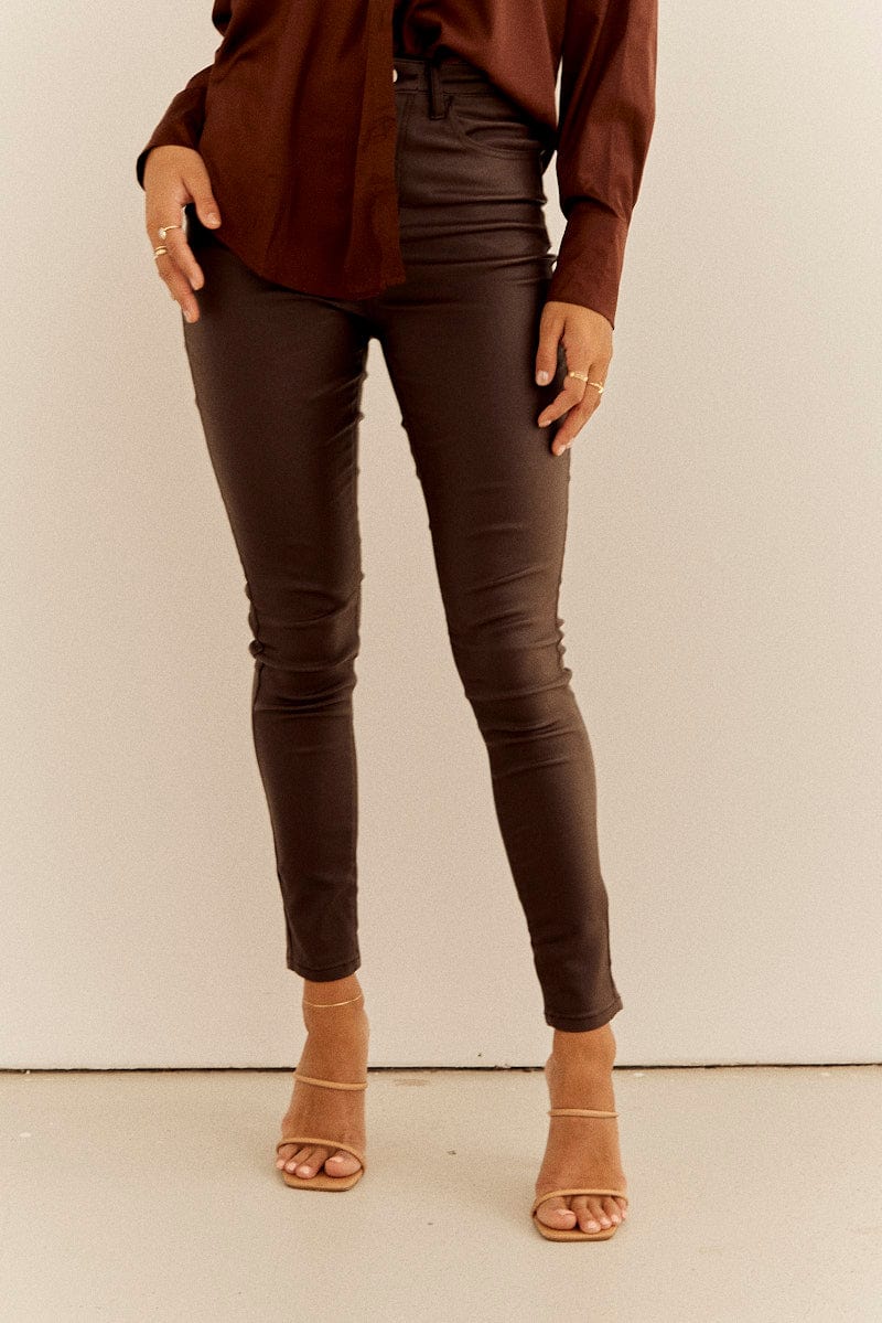 Brown Wet Look Jeans High Rise