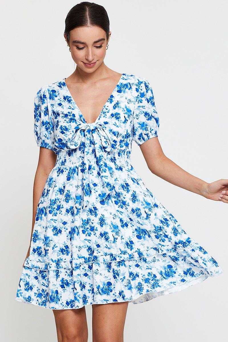 Print Mini Dress Short Sleeve V Neck Tie