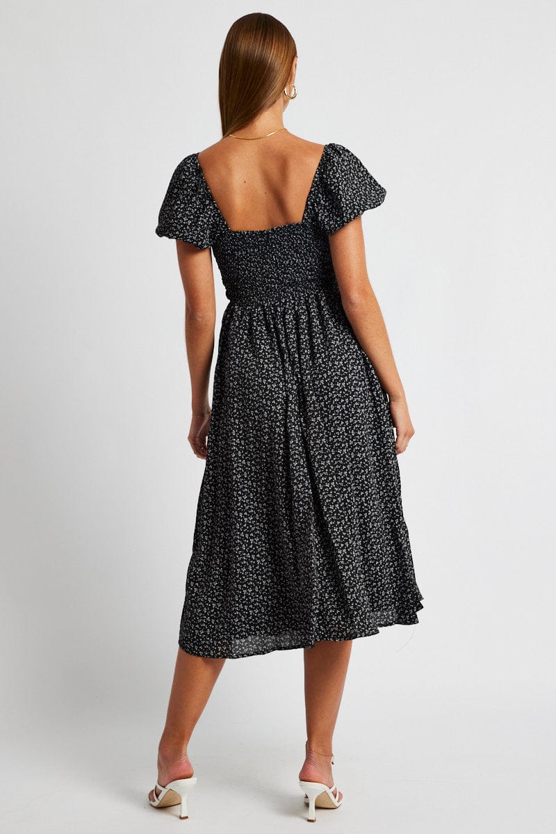 Black Ditsy Midi Dress Short Sleeve Ruched Bust