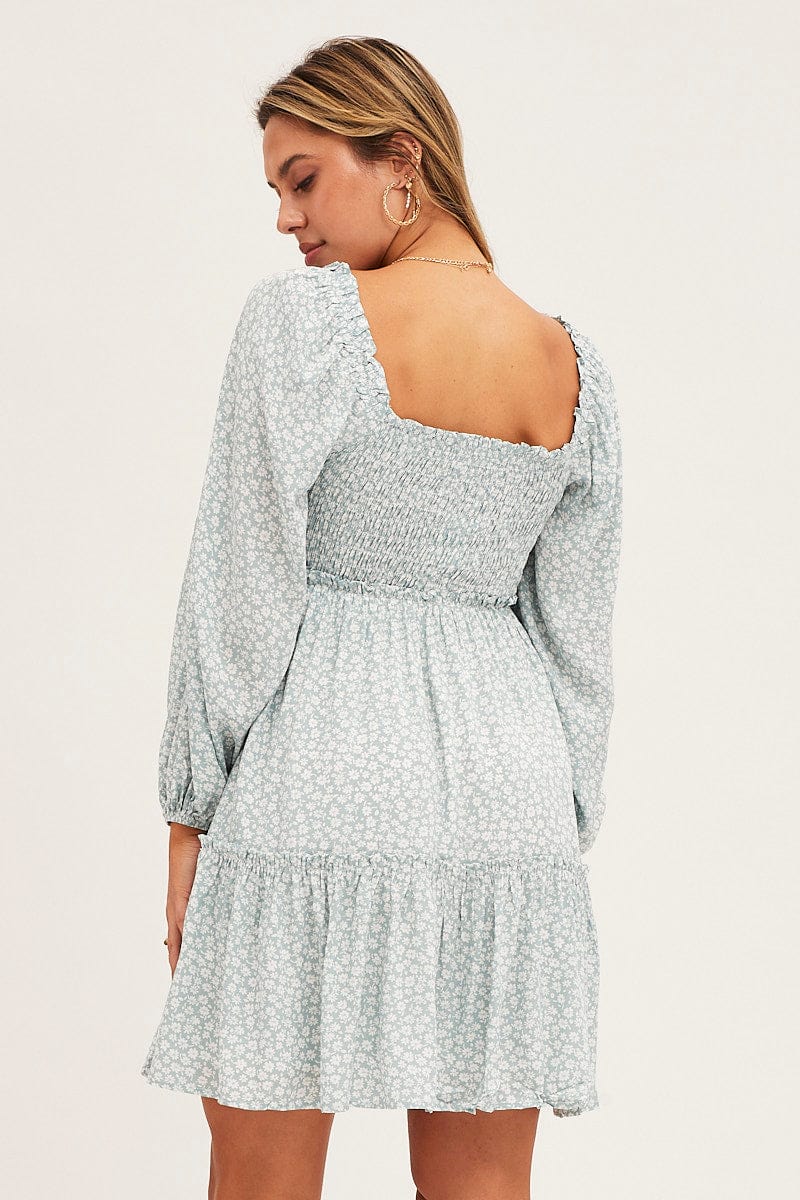 Daisy Print Shirred Skater Dress