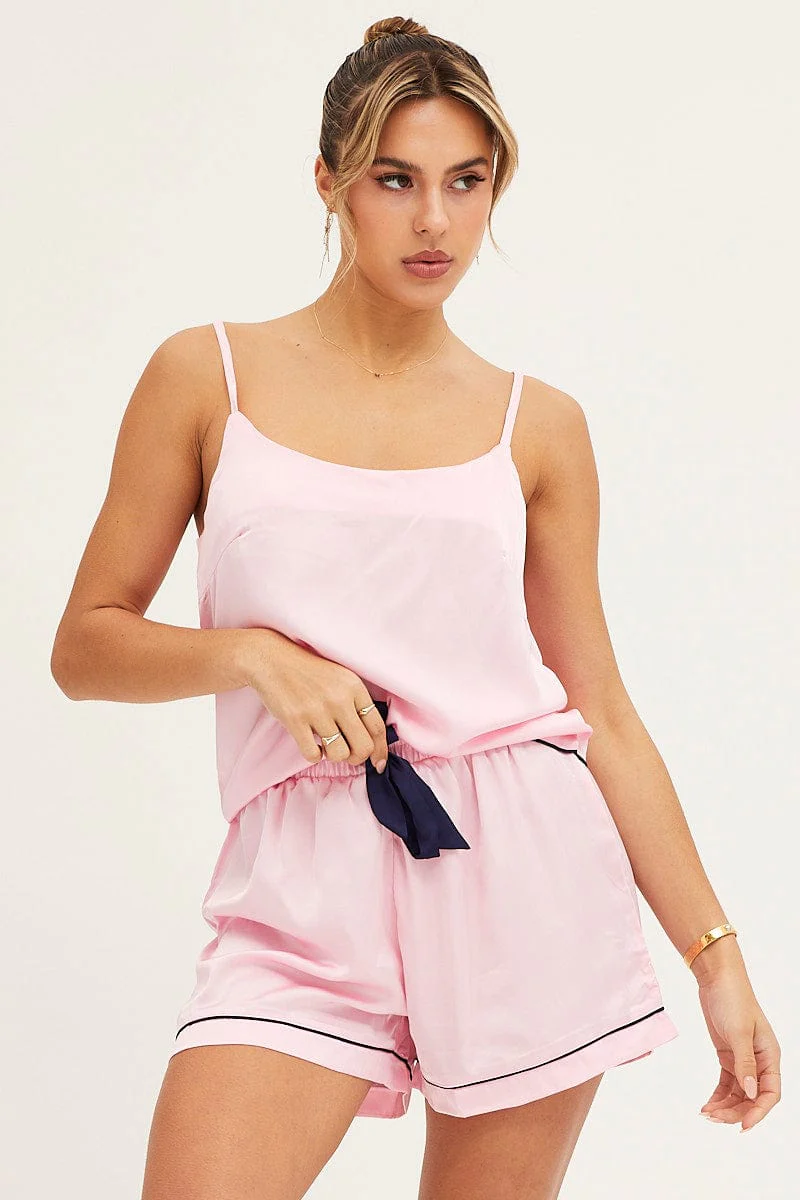 Pink Satin Cami Top & Shorts Pj Set