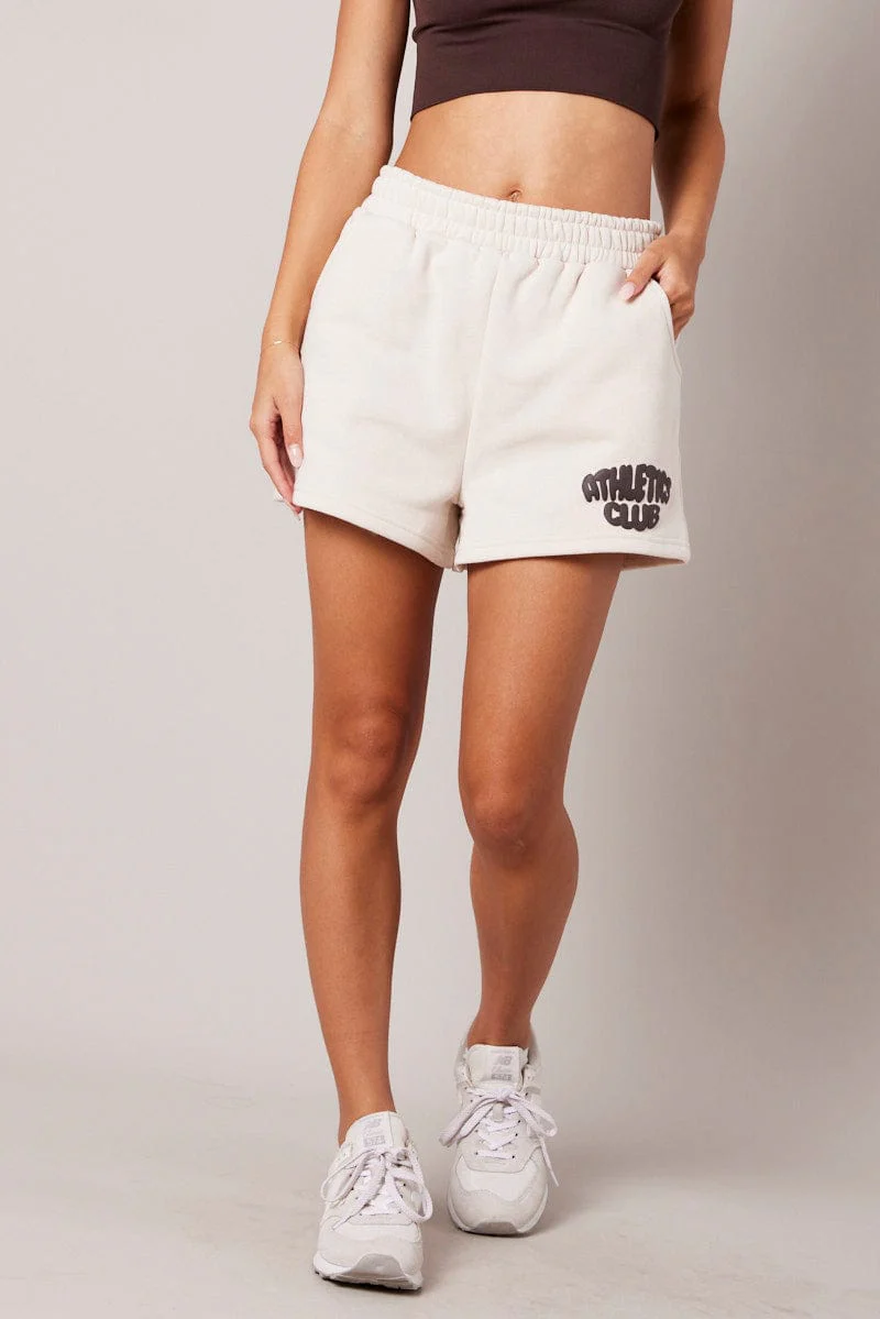 Beige Track Shorts High Rise Elastic Waist
