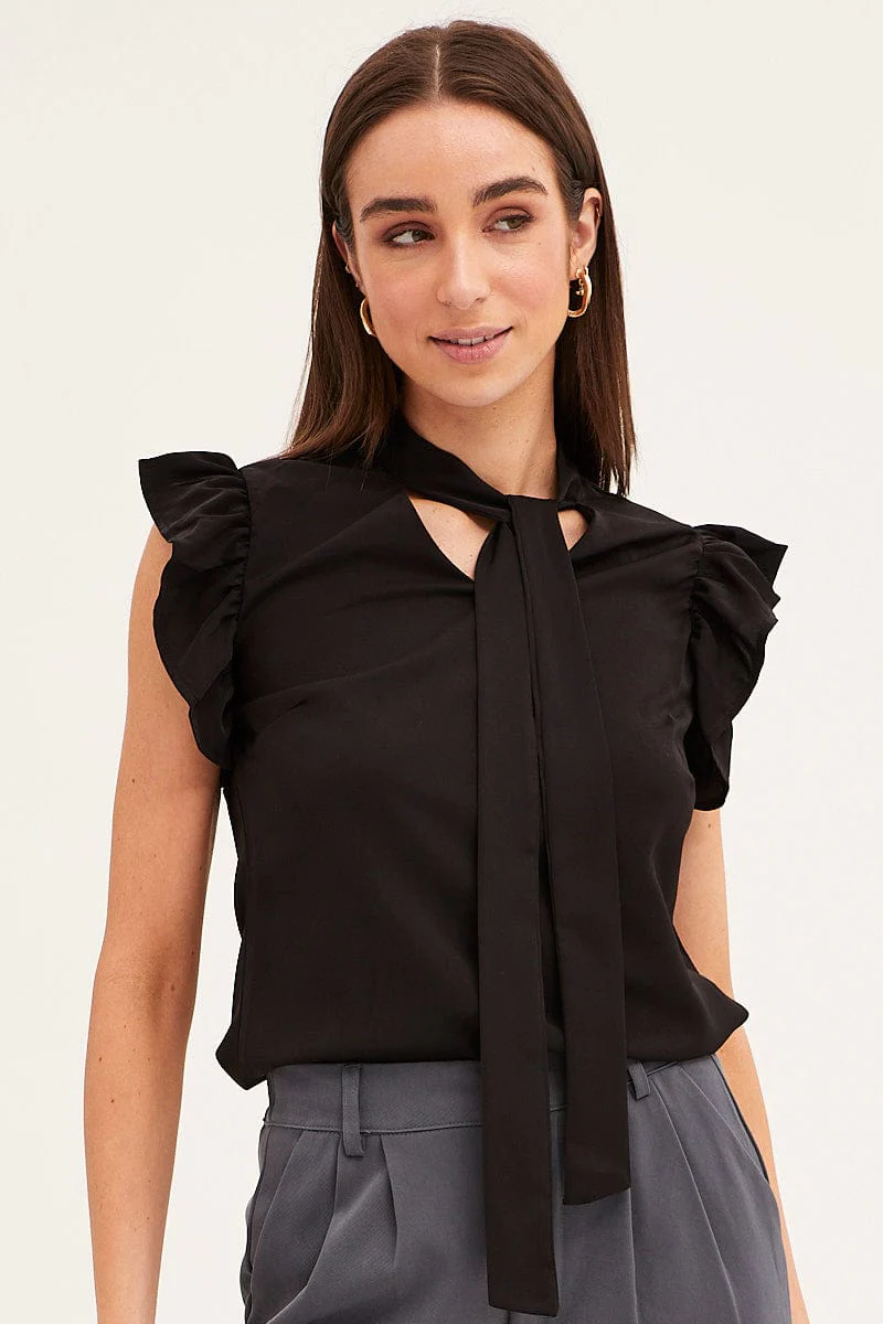 Black Tie Front Ruffle Sleeve Top