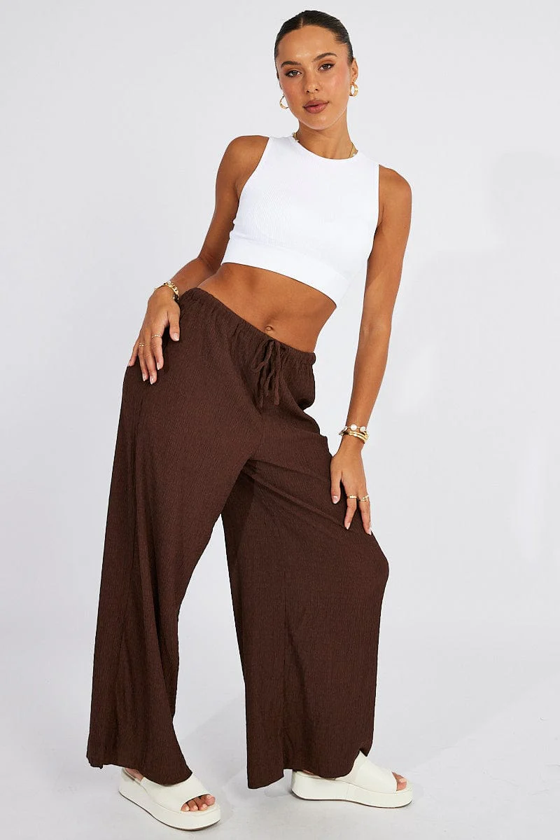 Brown Wide Leg Pants High Rise Textured Fabric