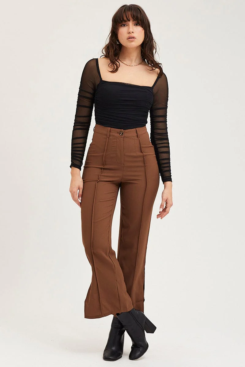 Brown Wide Leg Pants High Rise