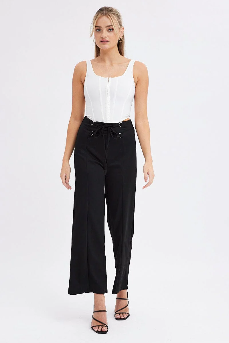 Black Straight Leg Pants High Rise Lace Up Jersey