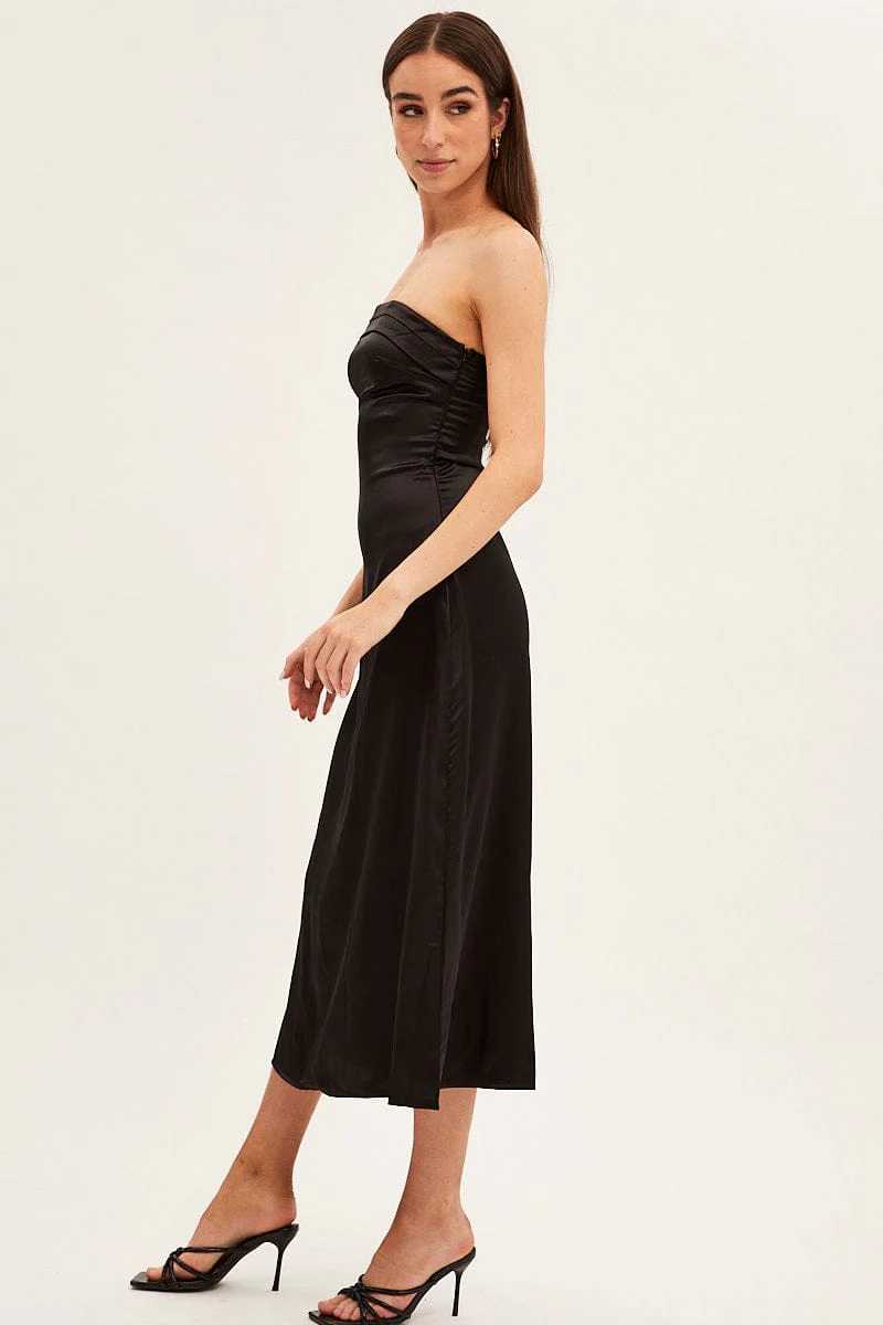 Black Satin Straight Midi Dress