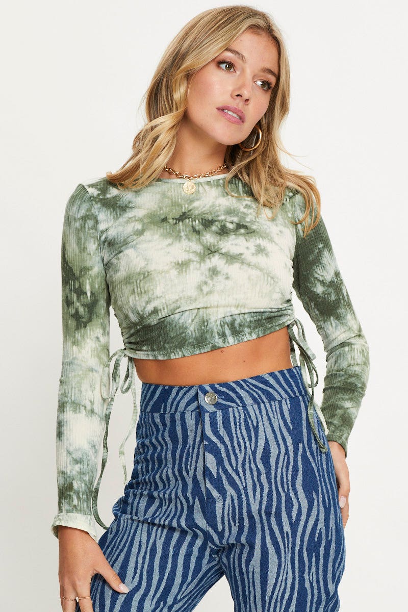 Green Tie Dye Drawstring Top
