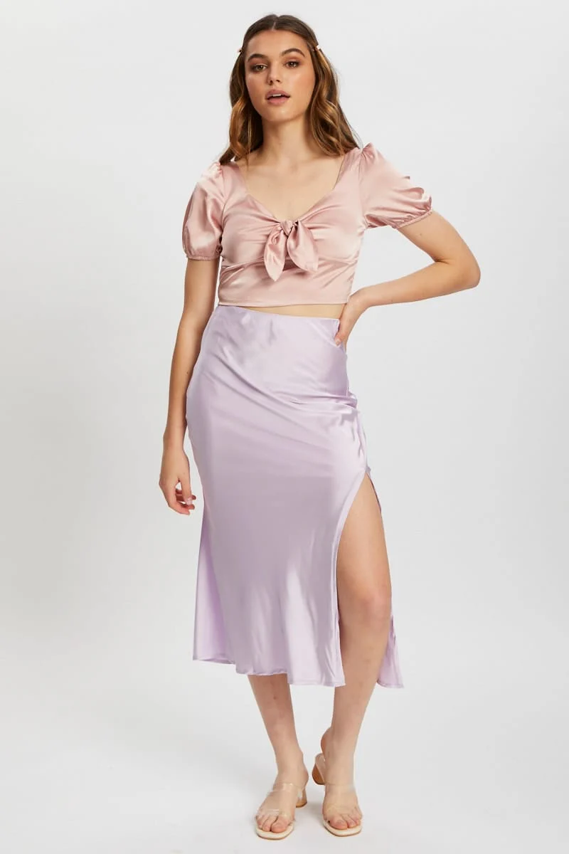 Pink Satin Puff Sleeve Crop Top