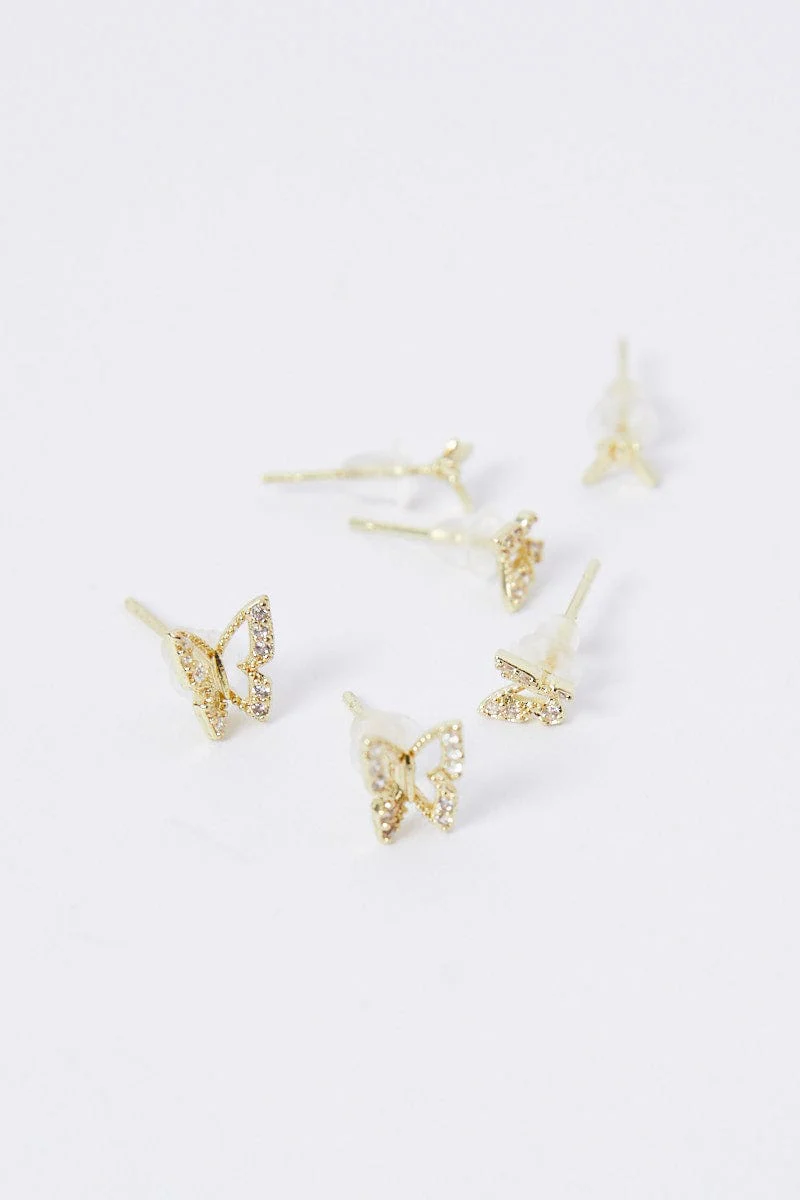 Gold 3 Pack Butterfly Earrings Set