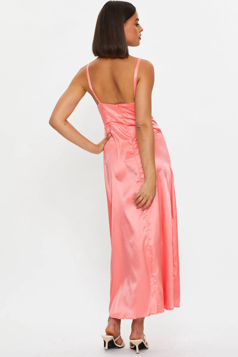 Brown Tie Front Satin Midi Dress