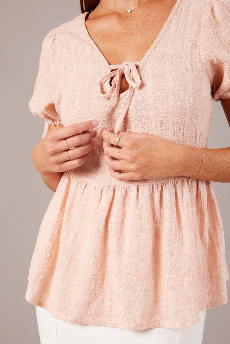Beige Peplum Top Short Sleeve Tie Front