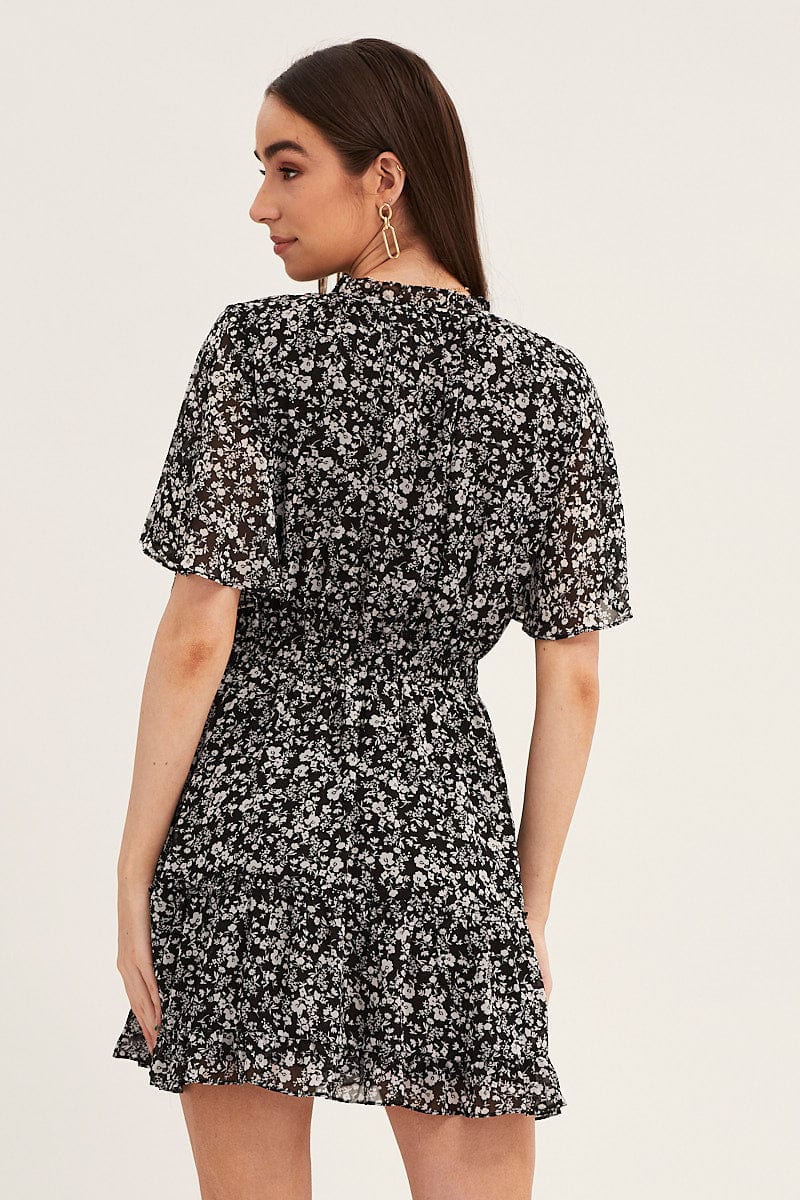 Ditsy Print Flutter Sleeve Tiered Dress